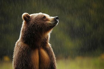 Obraz premium Grizzly bear standing in the rain with water droplets on its fur in a forest setting