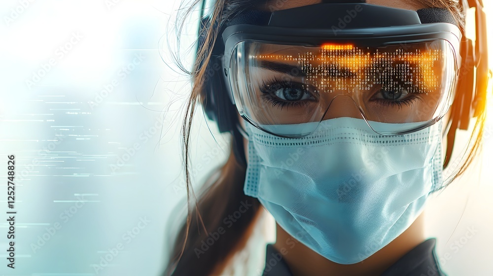 Poster striking close up of a masked face with a faint smirk revealing a cyber code pattern reflected in th