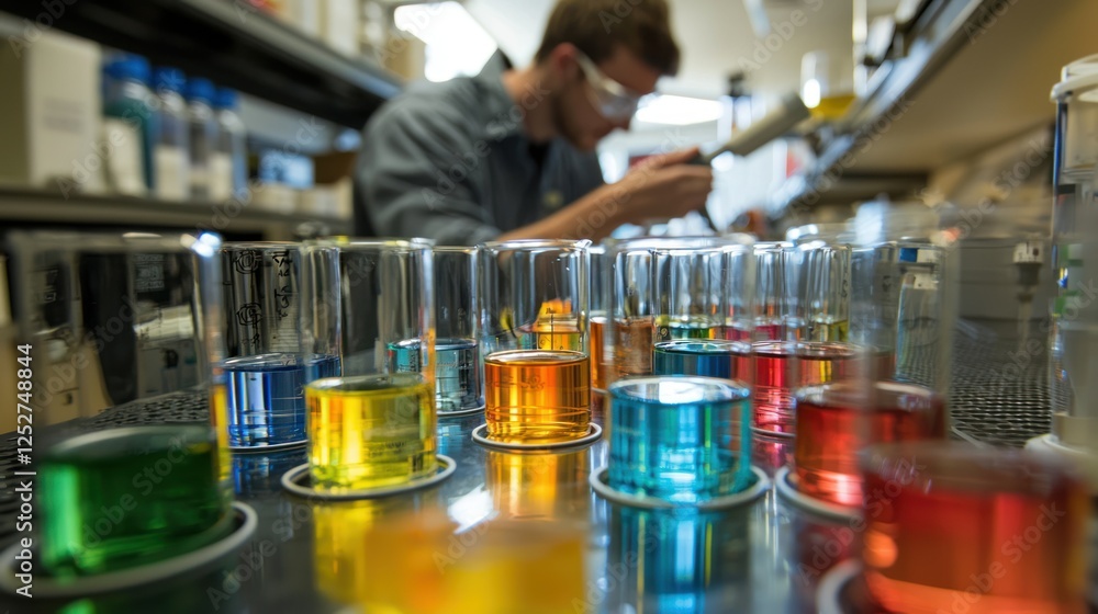 Poster glassware filled with colorful solutions on a lab bench, with a researcher working in the background