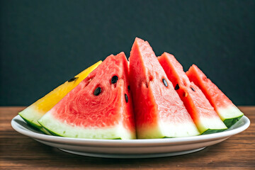 This photo captures the juicy details of freshly cut watermelon wedges. The rich red color and black seeds make for an enticing visual. 