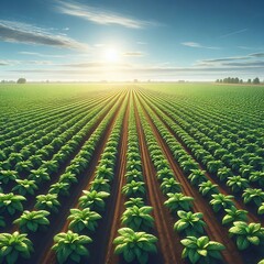 Endless Rows of Green Crops in a Sunlit Field