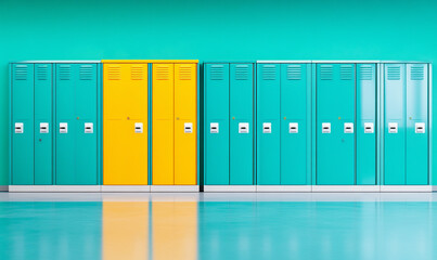 Colorful lockers in a modern school hallway with vibrant turquoise walls.