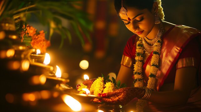 Gauri Puja ceremony in India, a woman wearing a traditional red and gold sari, decorating the idol of Goddess Gauri with jasmine and marigold flowers, ai generated images.