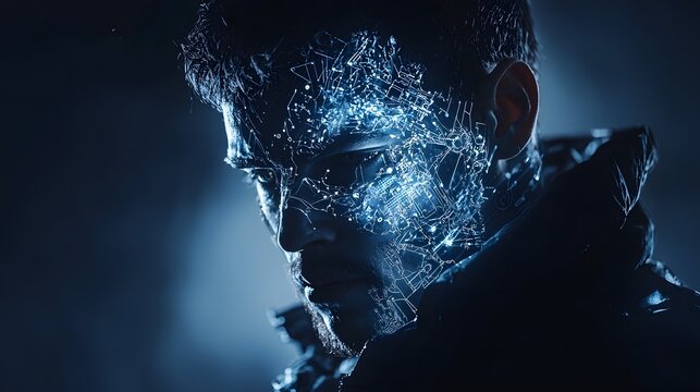 Shadowed figure of a cyborg or with a glowing cyber interface illuminating the surrounding dark moody and futuristic digital environment  Conceptual