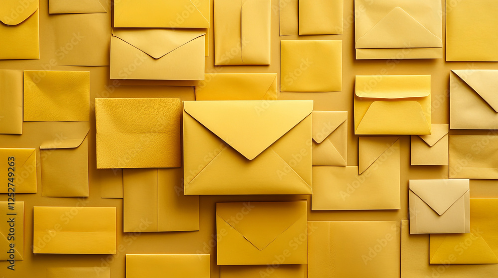 Poster yellow envelopes with stamps. blank closed and open paper covers, vertical and horizontal letter pac