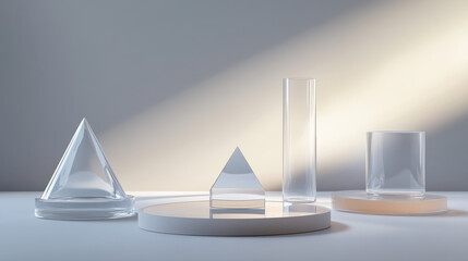 Realistic set of 3D transparent platforms isolated on background. Vector illustration of triangle, cylinder, hexagon pedestal mockups, stands for cosmetic product presentation award, empty containers