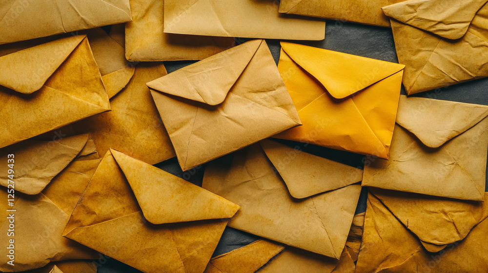 Poster yellow envelopes with stamps. blank closed and open paper covers, vertical and horizontal letter pac