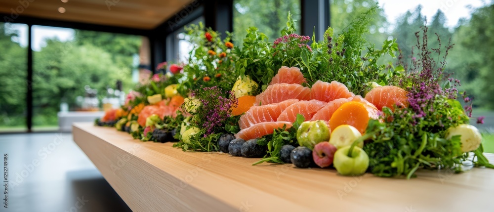 Poster table displaying an array of fresh fruits and vegetables with yuzu infusion culinary presentation