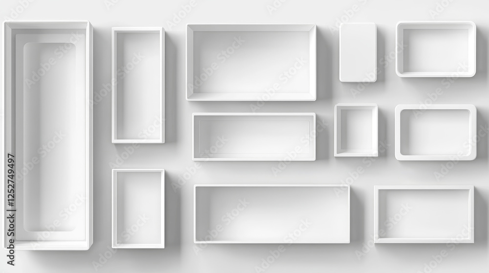 Aufkleber 3d mockup of open white boxes top view. square and rectangle cardboard packages showcasing lids and 
