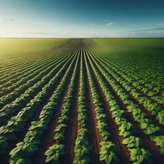 Expansive Green Farmland Under a Clear Blue Sky,Endless Rows of Green Crops in a Sunlit Field