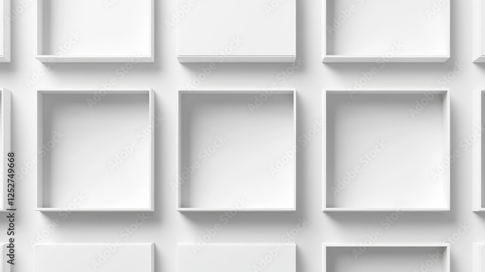 Poster 3d mockup of open white boxes top view. square and rectangle cardboard packages showcasing lids and 