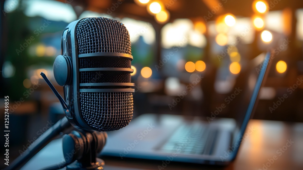 Poster focused image of a microphone and laptop on a table during a virtual meeting or conference call blur
