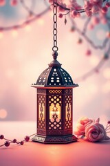 Obraz premium Glowing Ramadan Lantern with Pink Roses and Lights