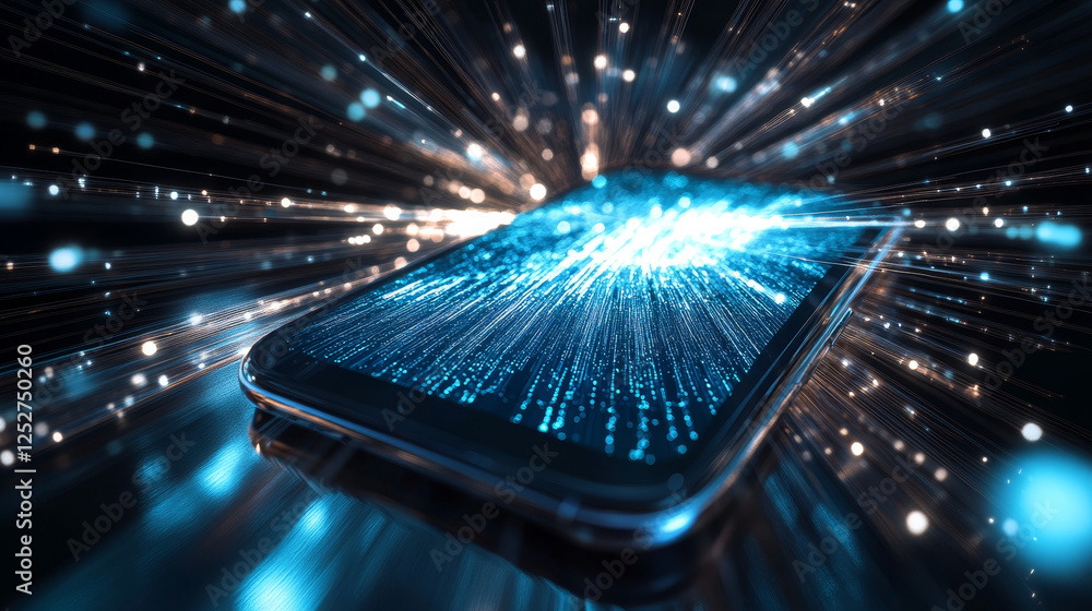 Poster 3d mobile phone screen on light glow background. smartphone futuristic app mockup with abstract beam