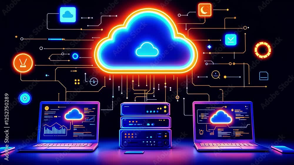 Aufkleber digital illustration of cloud computing concept with servers and laptops connected by neon icons