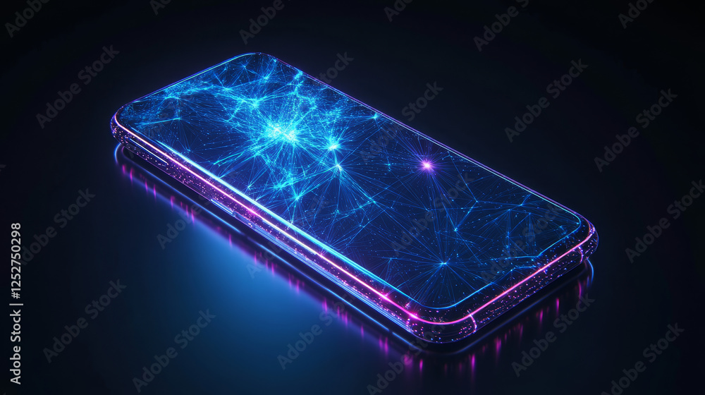 Poster 3d mobile phone screen on light glow background. smartphone futuristic app mockup with abstract beam