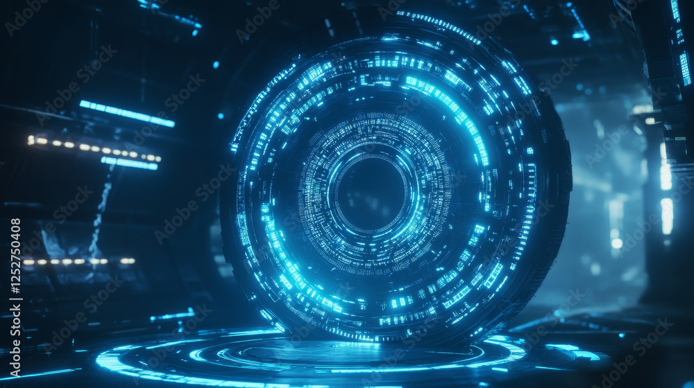 Poster game portal ui with hologram light technology and neon circle effect. magic futuristic glow podium t
