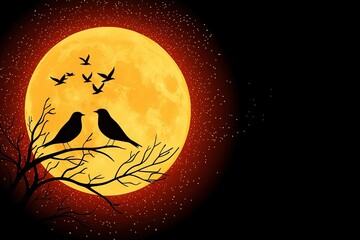 Fototapeta premium World Migratory Bird Day, Illustrated Birds Silhouetted Against Full Moon in Starry Night Sky