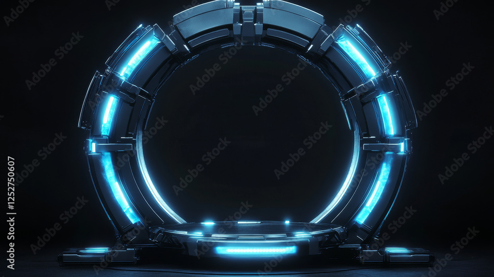 Poster game portal ui with hologram light technology and neon circle effect. magic futuristic glow podium t
