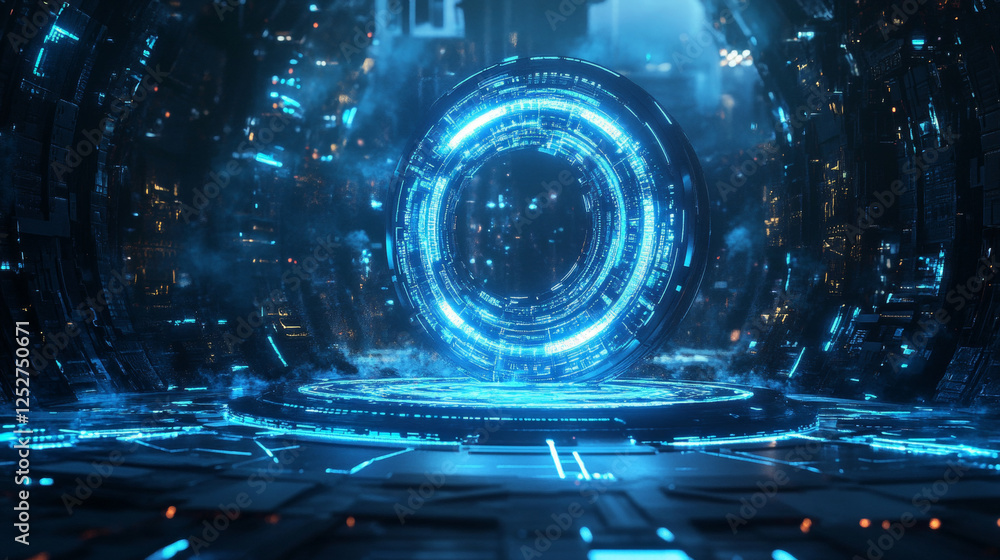 Poster game portal ui with hologram light technology and neon circle effect. magic futuristic glow podium t