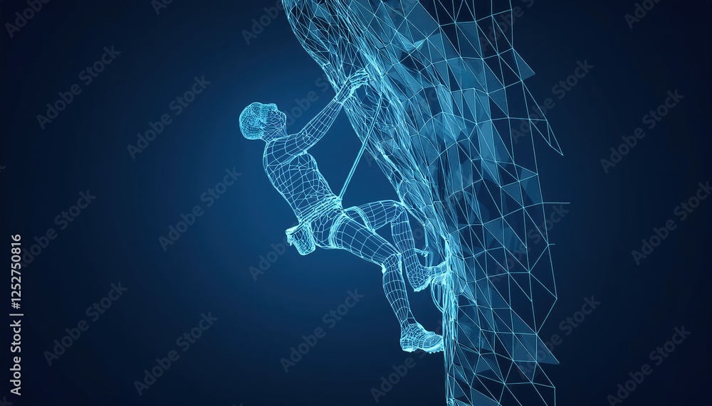 Poster rendering of a climber scaling a rock wall depicted in wireframe style against a blue backdrop