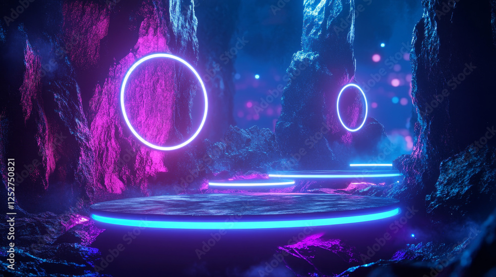 Poster game portal ui with hologram light technology and neon circle effect. magic futuristic glow podium t