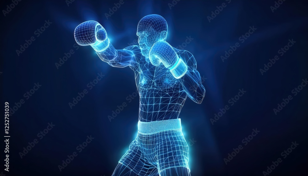 Poster boxer in wireframe design showcases movement and form on a blue background emphasizing dynamic actio