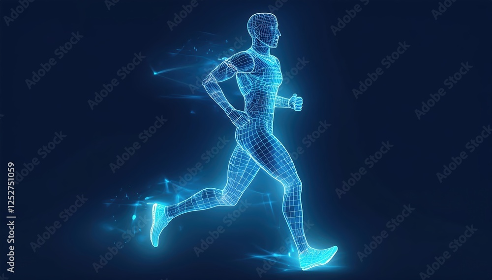 Poster cross country runner depicted in wireframe design on blue background showcasing running motion and d