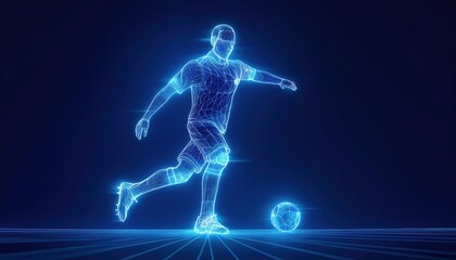 Firefly football player showcases skill by executing a perfect kick against a vibrant blue background under digital wireframe design