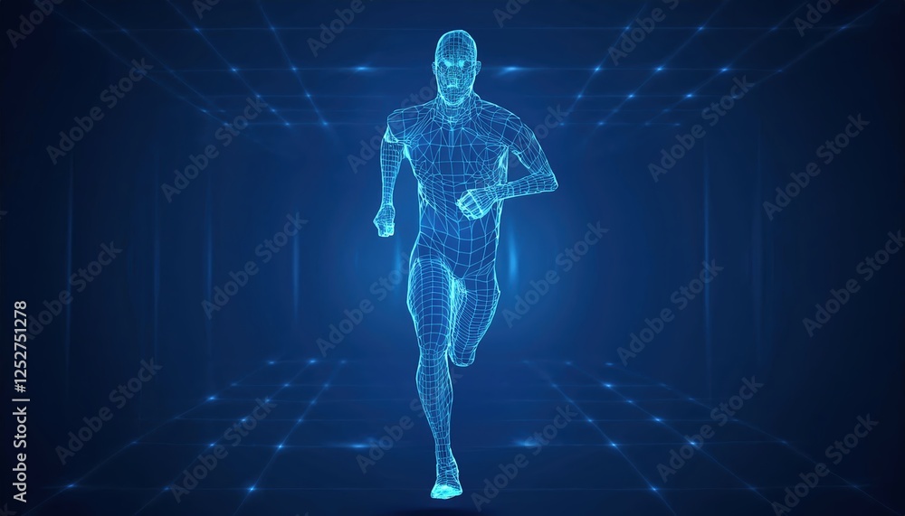 Poster digital representation of middle distance running with a wireframe figure set against a blue backgro
