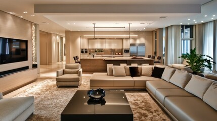 Fototapeta premium Spacious modern living room with a luxurious open kitchen, neutral tones, sleek furniture, and an empty wall for design flexibility.