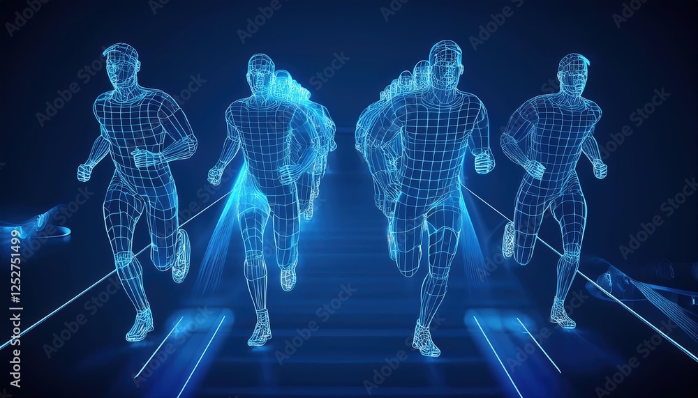 Poster exciting firefly relay race wireframe rendering in blue with dynamic runners showcasing energy and c