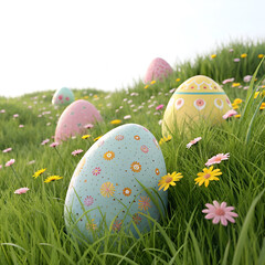 Many colorful painted Easter eggs in grass flat lay