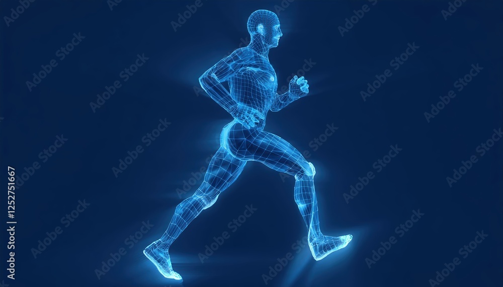 Poster detailed wireframe of a firefly sprinting in a sprinting pose against a blue background illustrating