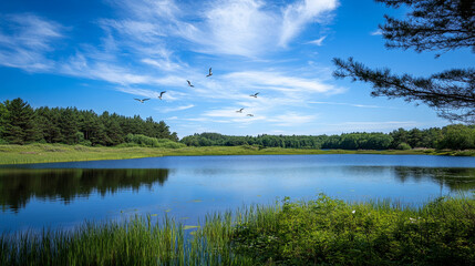 Summer nature landscape with lake, green grass on rocks and conifers trees. Scenery pond with blue clear water and spruces under blue sky with clouds and flying birds, Cartoon vector background