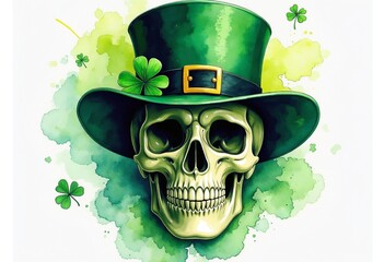 St. Patrick's Day skull adorned with a hat and clover, blending watercolor techniques. Ideal for festive decor celebrating Irish culture and Celtic symbols