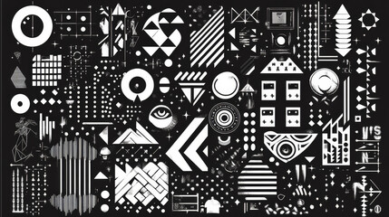 Fototapeta premium Y2k monochrome abstract shape. Vector illustration set of black geometric forms and symbols. Retro futuristic elements for 2000s and brutalist style design. Simple streetwear psychedelic figures.