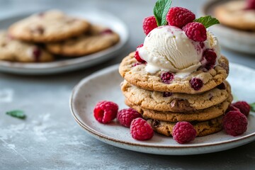 Delicious dessert featuring raspberry chocolate chip cookies with ice cream on a plate