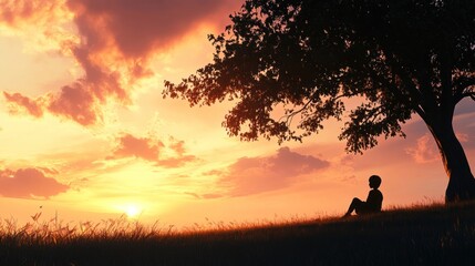 Child silhouetted at sunset, resting under tree