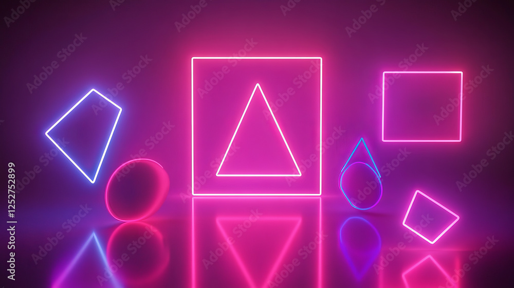 Poster neon light frames, glowing line borders square, circle, triangle and hexagon shapes in perspective v