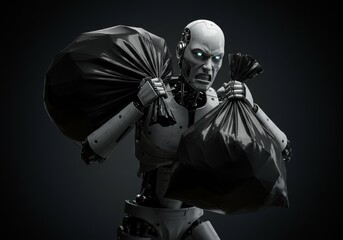 Naklejka premium A photo of an angry humanoid robot carrying heavy trash, depicting a powerful and intense moment of robotic labor.