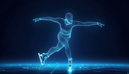 Fototapeta premium Wireframe figure skater showcasing athletic precision on a blue background during an artistic sports presentation