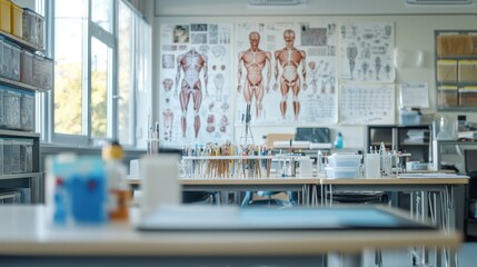 A biology class setting with lab equipment and posters of human anatomy.