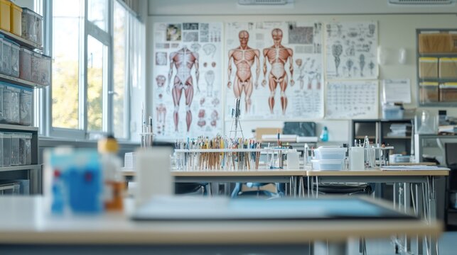 A biology class setting with lab equipment and posters of human anatomy.