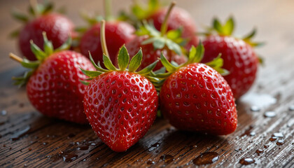 Abstract background of ripe strawberries with water drops and leaf's on wooden table, bright light.