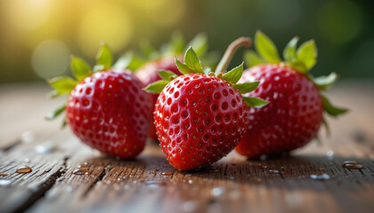 Bold, juicy strawberry with water droplets on it lies on a wooden table in the sun.