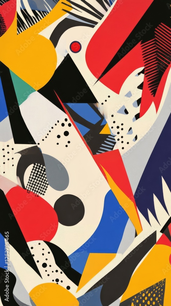 Poster abstract art with vibrant colors and shapes in dynamic arrangement within a modern space