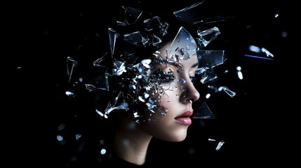 double exposure concept A surreal portrait depicting a woman with a shattered glass effect on her head.