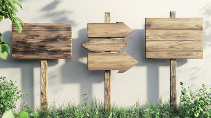 Naklejka premium Wooden signboard 3d vector set - various boards and arrows with wood texture. Realistic illustration of blank panels and banners. Text boxes or street direction billboard on pole with grass.