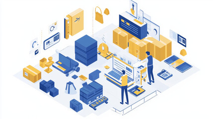 Fototapeta premium Industry isometric landing page. Manufacturing and delivery industrial production. Workers on manufacture factory working with machines, truck shipping stuff to customers 3d vector line art web banner